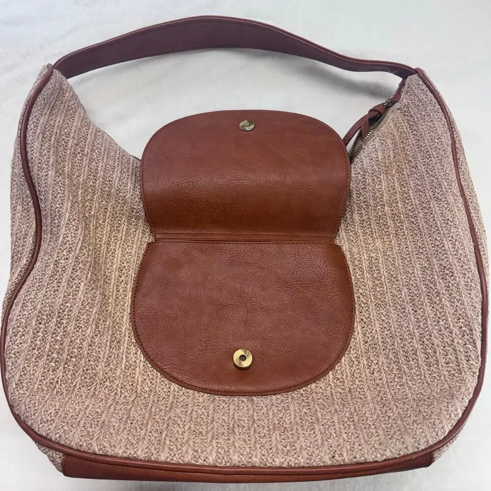 Anthropologie Urban Originals Oversized Woven Raffia Straw Handbag LeatherPocket